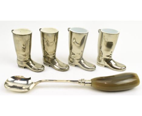 Two pairs of 20th century Grenadier silver plated hunting boots with white liners shot measures. Marked sivler plated and Gre