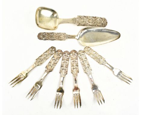 A collection of Norwegian silver 830 marked flatware. Stamped 830s NM for Norsk Monster. To include six forks, ladle and slic