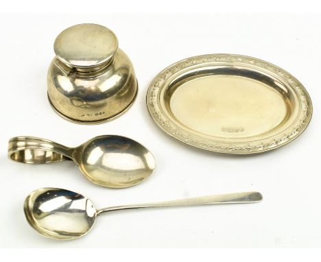 A collection of four 20th century hallmarked silver pieces.  The lot to include a George V hallmarked silver inkwell. Hallmar