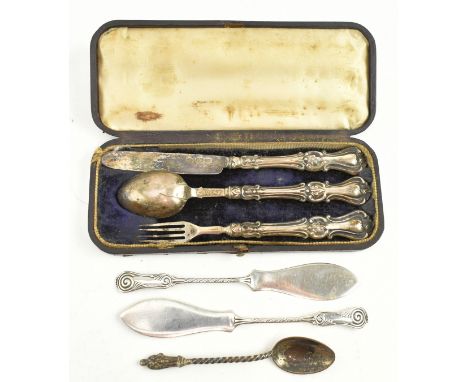 A cased Victorian hallmarked silver three-piece Christening cutlery set. The set to include a hallmarked knife and a hallmark