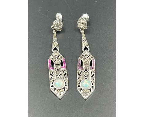 A Pair of Art Deco style ruby and opal set silver earrings