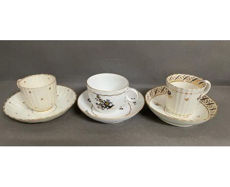 Three 18th century tea cups and saucers, Caughley, Chamberlain Worcester Pat 258 and one other.