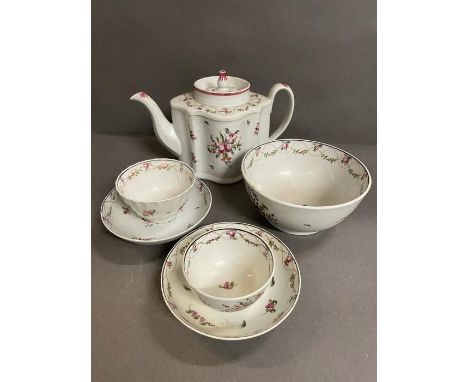 A New Hall c.1790-95 rose pattern porcelain teapot, bowl, two tea bowls and saucers