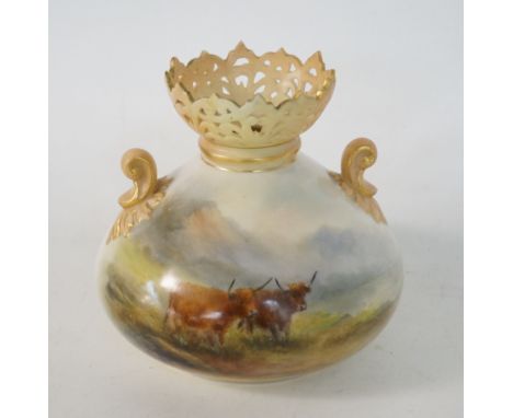 ROYAL WORCESTER VASE
of squat form with a pierced shaped neck above a body decorated with Highland cows, signed 'H. Stinton',