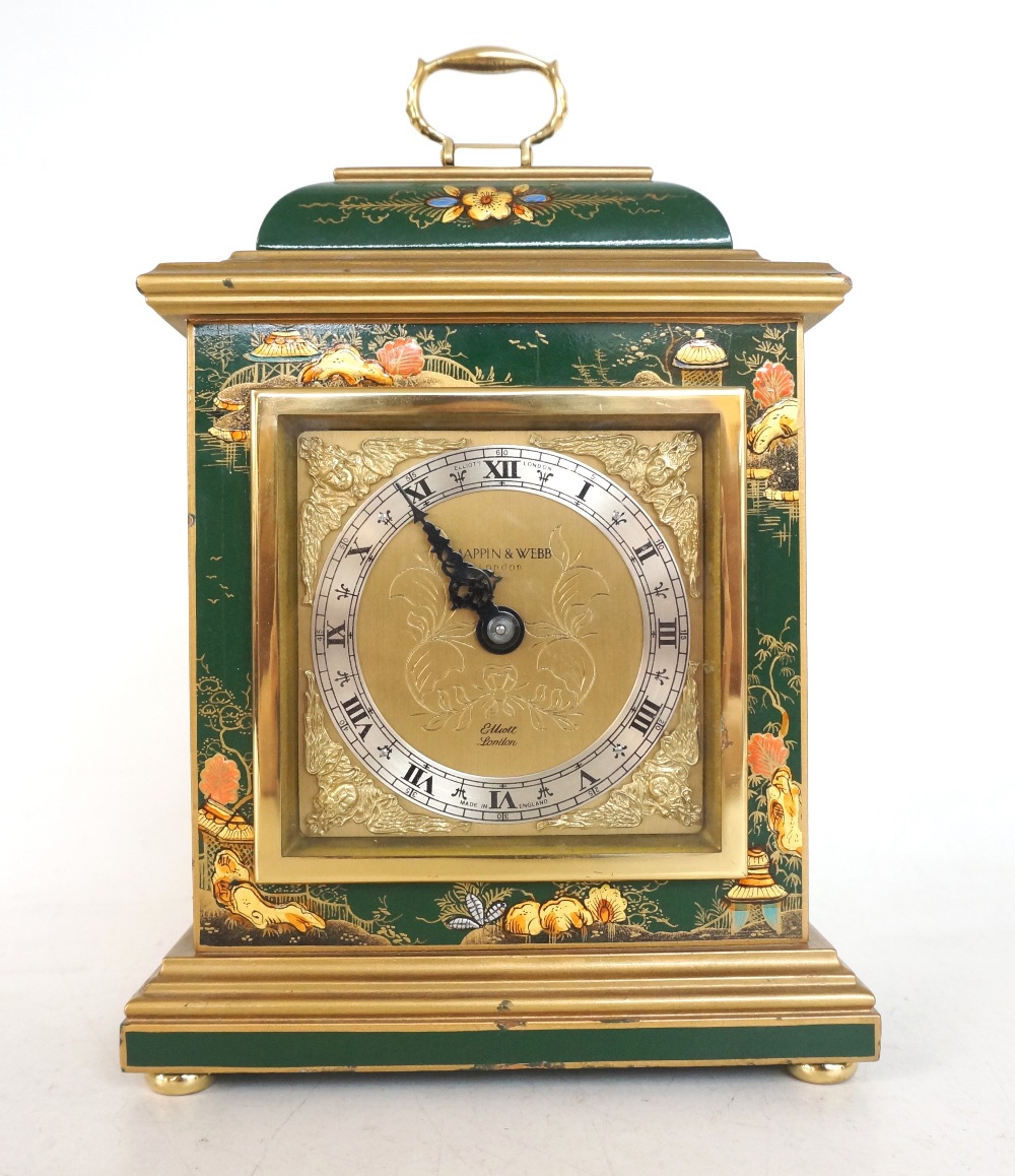 ELLIOTT OF LONDON LACQUERED CHINOISERIE MANTEL CLOCK retailed by Mappin