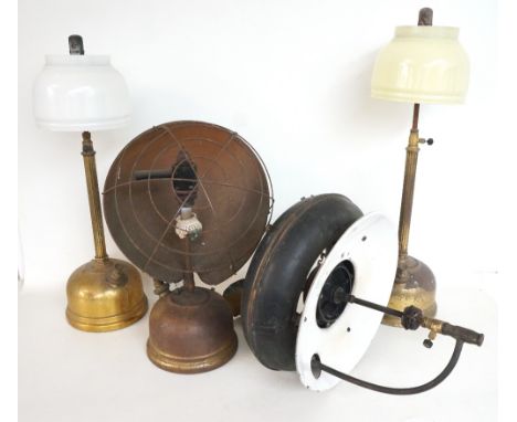 SELECTION OF TILLEY LAMPS
including a circular hanging lamp with three suspension chains above a reservoir with a central gla