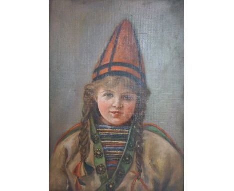EUROPEAN SCHOOL
Portrait of a young Scandinavian girl wearing national costume, oil on canvas laid on board, 32.5cm x 23cm