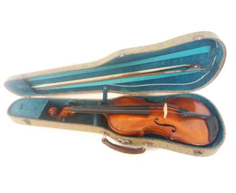 CZECHOSLOVAKIAN VIOLIN AND BOW
with two piece 14 3/4 inch long back (including button), and handwritten label to the interior