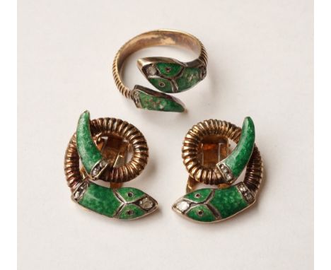 UNUSUAL ENAMEL DECORATED AND DIAMOND SET SNAKE DESIGN RING AND MATCHING EARRINGS
in eighteen carat gold, the heads and tails 