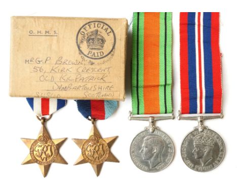 WWII BRITISH MEDAL GROUP
comprising 1939-45 Star; France and Germany Star; Defence and War Medals, with slip (Army) and box o