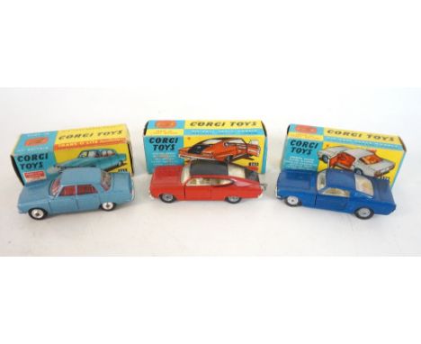 THREE CORGI TOYS DIE CAST MODEL VEHICLES
a Rover 2000, number 252 with Trans-O-Lite headlamp's, in blue; a Marlin by Rambler 