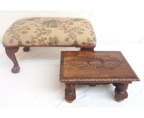 MAHOGANY FRAME FOOTSTOOL 
with a tapestry top standing on cabriole supports with claw and ball feet, 65cm wide; together with