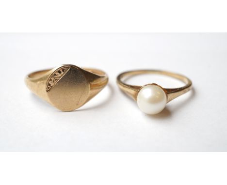 TWO NINE CARAT GOLD RINGS
one set with a single pearl and the other a signet ring, sizes J-K and O-P respectively