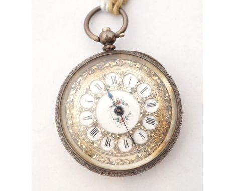 LATE 19th CENTURY SWISS SILVER FOB WATCH
the white enamel dial with painted flowers to the centre and pierced silver overlay,