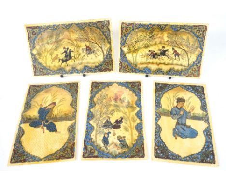 SET OF FIVE INDIAN HANDPAINTED PANELS
on ivorine, depicting figures and hunting scenes, each 20cm x 12.5cm