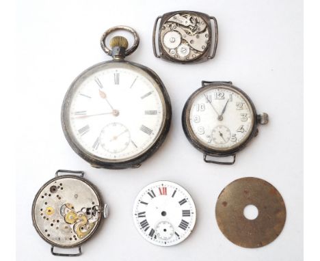 LOT OF WATCHES AND WATCH PARTS
including a silver Omega pocket watch, the case and movement marked 'Omega',  with white ename