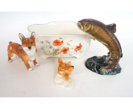 ROYAL DOULTON MODEL OF A CORGI
together with a Corgi dog head in profile, a Beswick leaping trout and a Royal Winton oval sha