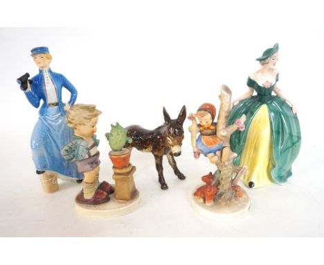 TWO GOEBEL FIGURINES
'Gentle Breezes' and a lady with flowers, two Goebel/Hummel figures 'Out of Danger' and 'Confidentially'