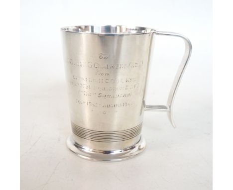 GEORGE VI SILVER PRESENTATION TANKARD
of tapering form with line engraved decoration to the body and handle, Sheffield 1943 