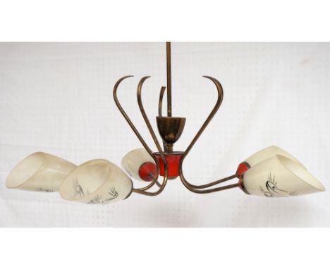 1950's HANGING CEILING LIGHT
the brass column with five shaped arms with orange plastic mounts and shaped glass shades decora