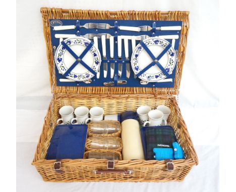 NEW OPTIMA WICKER HAMPER
with six place settings including plates, cutlery, corkscrew, plastic beakers, flask, coffee cups, w