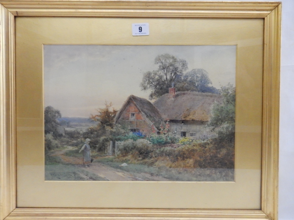 Sylvester Stannard. A signed watercolour of a cottage scene, gilt ...