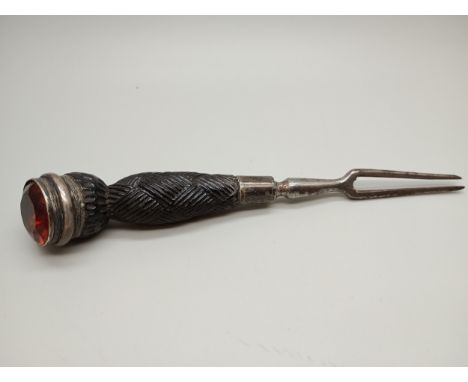 A Scottish gemstone set two pronged fork or tool 