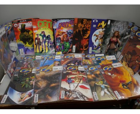 A collection of comics including X Force, Batman, Superman, Battle Gods, Batwing, etc.