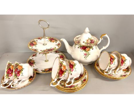 A collection of Royal Albert Old Country Roses china, tea and dinnerware, large tea pot, six cups, six saucers, six side, med
