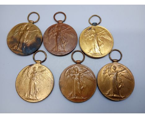 Six World War I Victory medals; three Notts &amp; Derby Regiment-11425 Sjt. A. Adlington-29727 Pte. E. Booth and 21057 Pte. C