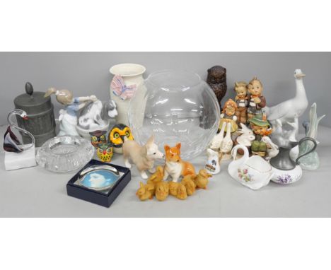 Two Hummel figures, a Lladro figure group, two Nao figures, a Norwegian pewter pot, owl figure, glass, etc.  **THIS LOT IS NO