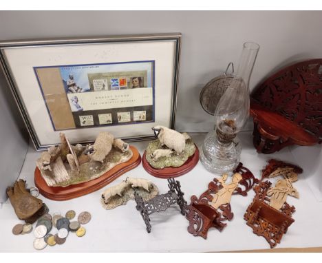 A collection of assorted items including British Telecom, wooden shelf sconce, oil lamp, collection of bird prints, three Bor