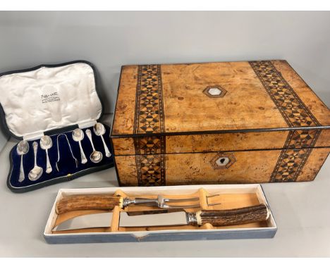 A walnut writing slope, a cased set of Mappin &amp; Webb teaspoons and a carving set