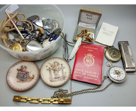 A collection of assorted items including coins, penknives, pocket watches, two Goebel dishes, 1982 coin set, etc. *THIS LOT I