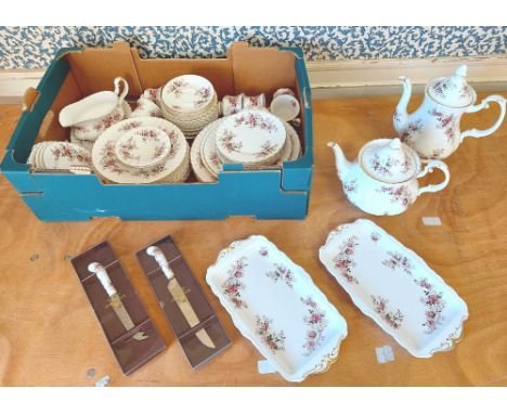 A part tea and coffee set by Royal Albert, Lavender Rose, to include tea pot ,coffee pot cake plates, cups and saucers etc sa