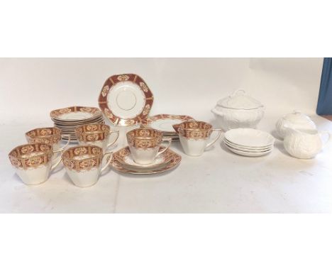 A back stamped Royal Worcester Bridal Lace pattern part tea service C1963, decorated with silver rim edge banding. tea pot cr