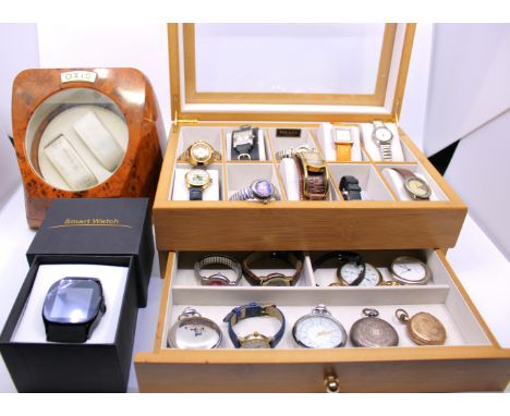 A watch box by "Mele & Co." (Missing some watch cushions) and a selection of vintage and modern watches. Also an Axis double 