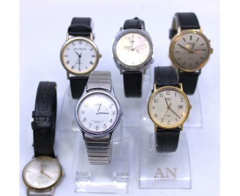 Selection of six watches.  To include a Lonstar De Luxe Anti-Magnetic watch with black leather strap, a Timex Quartz watch wi