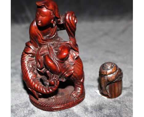 Meiji Period carved wood okimono of Guanyin seated on an Elephant & an Early 20th Century Wood Netsuke of a Snail & Slug on a