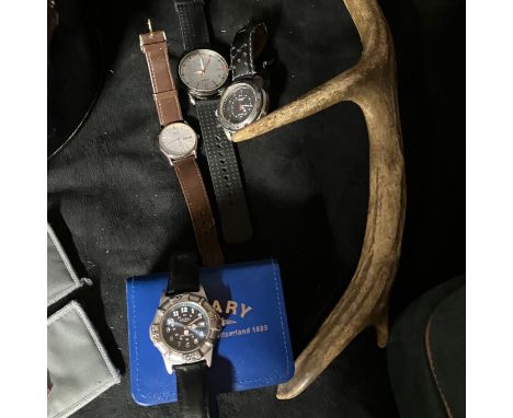 Four Gents watches, Rotary Boxed and three others (4) plus a&nbsp; single small antler