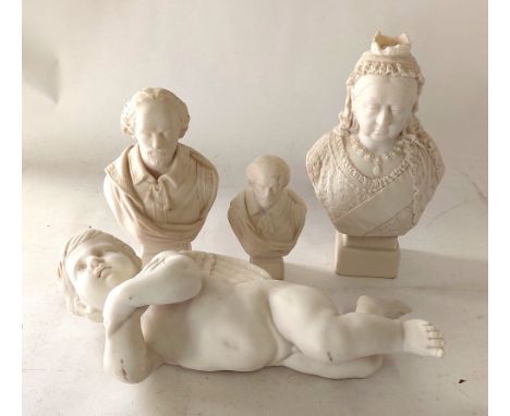A group of Parian Robinson & Leadbeater Victorian busts, impressed R&L  To include 2 of William Shakespeare and one of Queen 