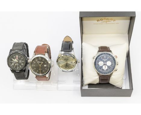 Selection of four Men's watches.  To include a Rotary Chronograph GS03642/05 (15503) Quartz watch with brown leather strap bo