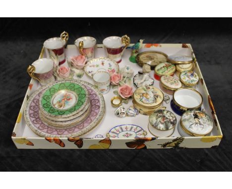 A mixed selection of Dresden & other cups plates and trinket boxes to include Halcyon days examples 