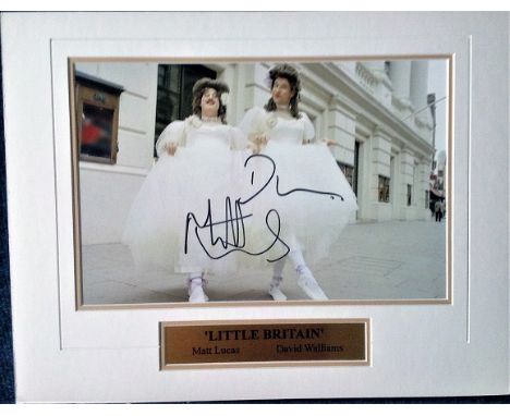 Matt Lucas and David Walliams signed 12x8 colour photo from Little Britain sketch. Mounted to approx. overall size 16x12. Goo