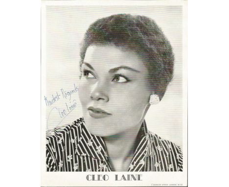 Cleo Laine signed 10x8 b/w photo. English jazz and pop singer and an actress, known for her scat singing and for her vocal ra