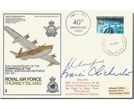 Francis Chichester signed cover. Nice 1971 RAF Thorney Island cover signed by Francis Chichester and R Mansfield. Good condit