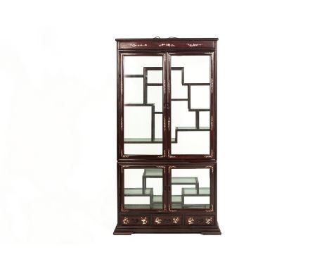 A MOTHER OF PEARL INLAID HARDWOOD GLAZED DISPLAY CABINET
Fitted with a pair of large cupboards above a pair of two small cupb