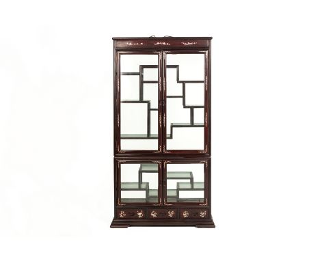 A MOTHER OF PEARL INLAID HARDWOOD GLAZED DISPLAY CABINET
Fitted with a pair of large cupboards above a pair of two small cupb