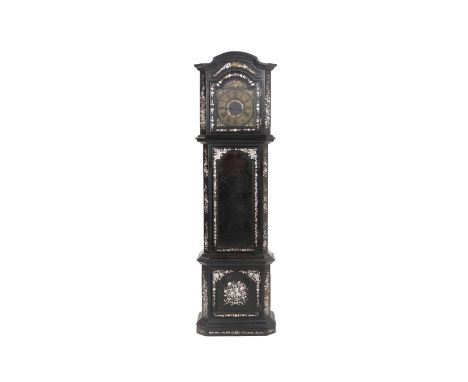 A MOTHER OF PEARL INLAID LONGCASE CLOCK
Late 20th Century, with inlaid foliate decoration, with three weights and pendulum
19