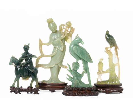 FOUR CHINESE JADE / SERPENTINE CARVINGS OF FIGURES AND BIRDS
Comprising: a carving of a female figure in flowing robes holdin